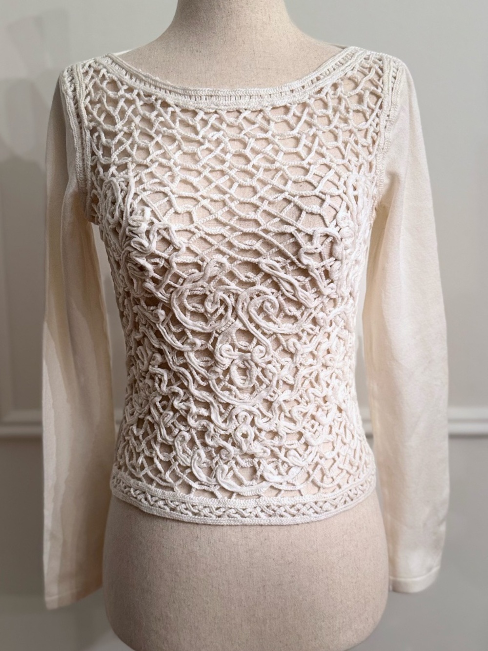 Vintage Valentino Ivory Crochet Lace Front Cotton Knit Sweater Made in Italy M